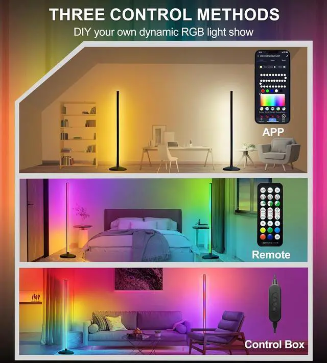 Alt view image 4 of 7 - Corner Floor Lamp, RGB Warm Cool White LED Floor lamp with Remote Control & APP,2024 Thicker Modern Floor Lamp with Music Sync & DIY Scene,16 Million Color Changing Floor Lamp for Living Room