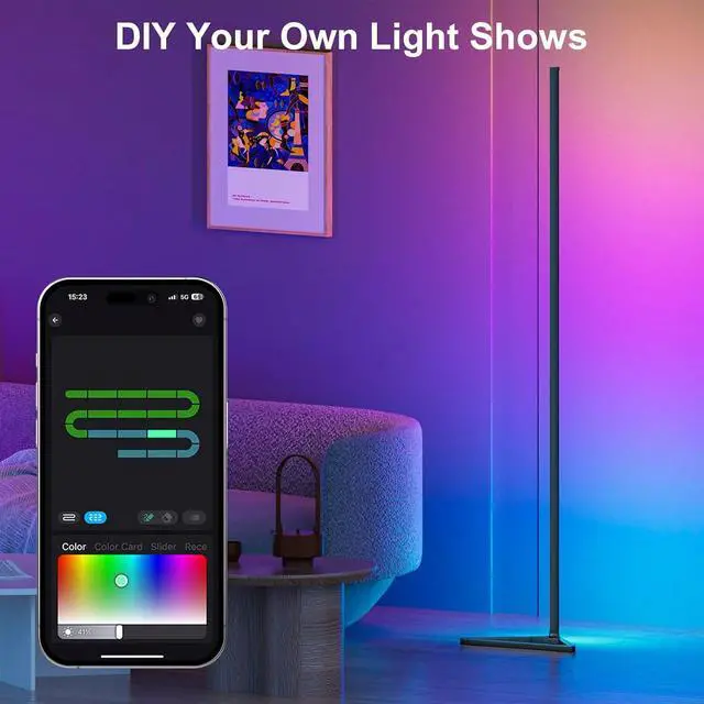 Alt view image 3 of 7 - RGB Floor Lamp,16 Million Colors LED Floor Lamps 56" Lamps for Living Room with Music Sync,Standing Lamp with App and Remote Control,Gaming Ambient Lighting Corner Lamp Bedroom Decor