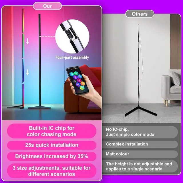 Alt view image 5 of 7 - RGB Floor Lamp,16 Million Colors LED Floor Lamps 56" Lamps for Living Room with Music Sync,Standing Lamp with App and Remote Control,Gaming Ambient Lighting Corner Lamp Bedroom Decor