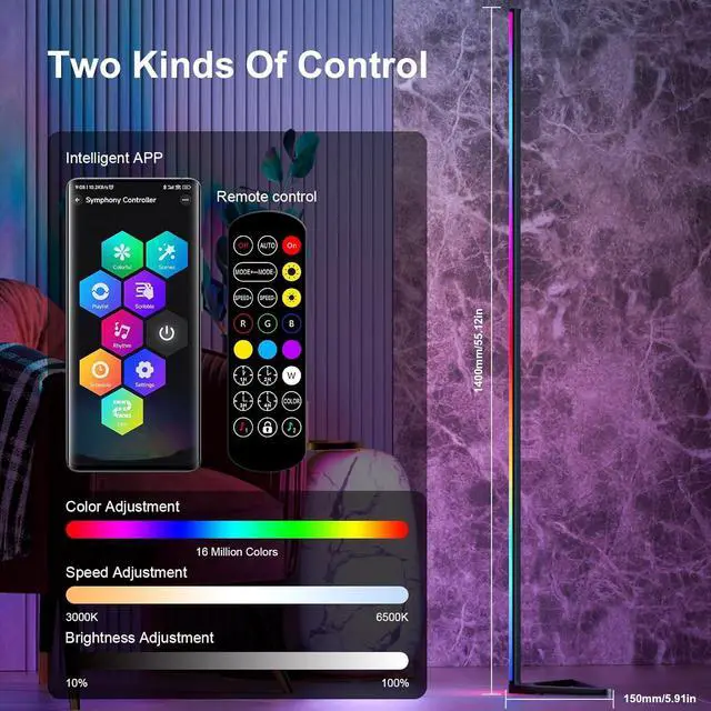 Alt view image 2 of 7 - RGB Floor Lamp,16 Million Colors LED Floor Lamps 56" Lamps for Living Room with Music Sync,Standing Lamp with App and Remote Control,Gaming Ambient Lighting Corner Lamp Bedroom Decor