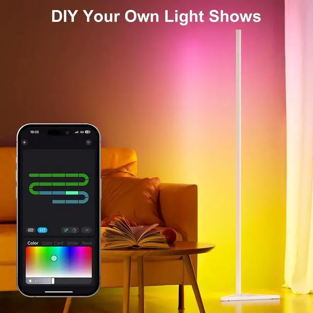 Alt view image 7 of 7 - RGB Floor Lamp,16 Million Colors LED Floor Lamps 56" Lamps for Living Room with Music Sync,Standing Lamp with App and Remote Control,Gaming Ambient Lighting Corner Lamp Bedroom Decor