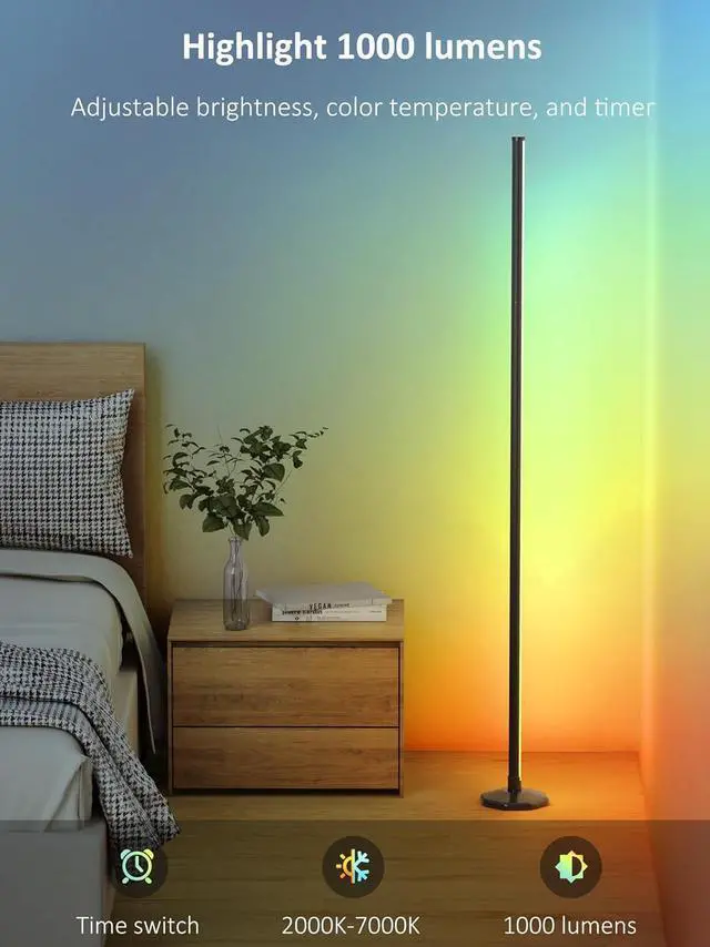 Alt view image 5 of 7 - RGB Corner Floor Lamp: 16 Million DIY Colors & 68+ Scene LED Smart Modern Floor Lamp with Timing, Music Sync, App and Remote Control Standing Lamp for Living Room (1, 57")