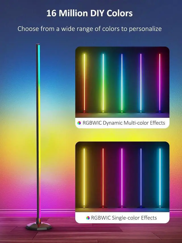 Alt view image 2 of 7 - RGB Corner Floor Lamp: 16 Million DIY Colors & 68+ Scene LED Smart Modern Floor Lamp with Timing, Music Sync, App and Remote Control Standing Lamp for Living Room (1, 57")