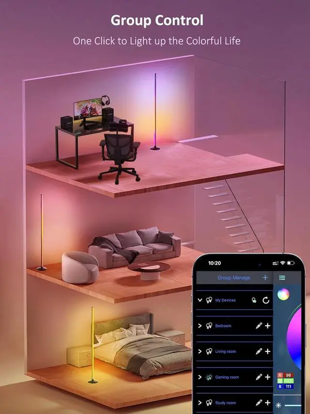 Alt view image 6 of 7 - RGB Corner Floor Lamp: 16 Million DIY Colors & 68+ Scene LED Smart Modern Floor Lamp with Timing, Music Sync, App and Remote Control Standing Lamp for Living Room (1, 57")