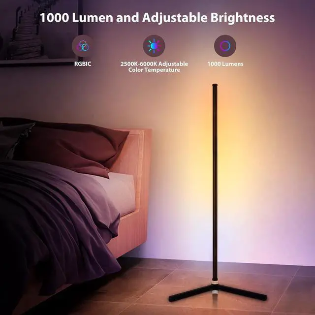 Alt view image 4 of 7 - RGB Corner Floor Lamp, Bluetooth APP and Remote Control Music Sync LED Modern Floor Lamp for Living Room, Light Timing, 398 Dimmable Modes, 64.5" RGB Color Changing Mood Lighting