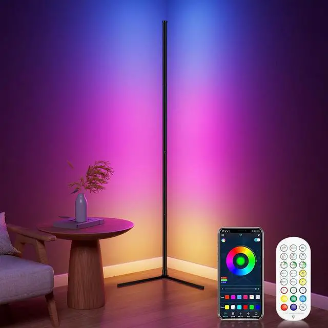 Alt view image 2 of 7 - RGB Corner Floor Lamp, Bluetooth APP and Remote Control Music Sync LED Modern Floor Lamp for Living Room, Light Timing, 398 Dimmable Modes, 64.5" RGB Color Changing Mood Lighting