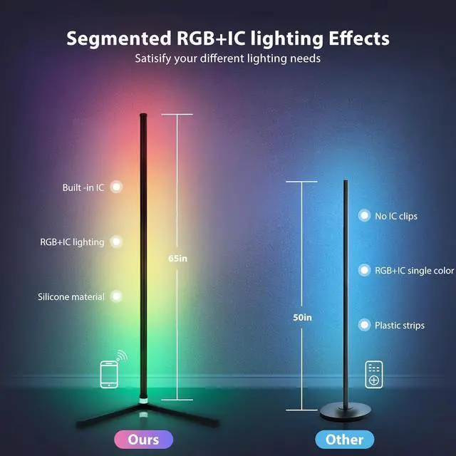 Alt view image 3 of 7 - RGB Corner Floor Lamp, Bluetooth APP and Remote Control Music Sync LED Modern Floor Lamp for Living Room, Light Timing, 398 Dimmable Modes, 64.5" RGB Color Changing Mood Lighting