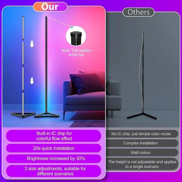 Alt view image 7 of 7 - RGBIC Floor Lamp,16 Million Colors LED Floor Lamps 141 cm Lamps for Living Room with Music Sync,Standing Lamp with App and Remote Control,Gaming Ambient Lighting Corner Lamp Bedroom Decor