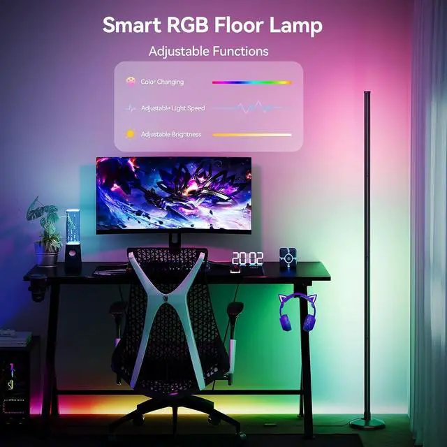 Alt view image 2 of 7 - RGB LED Floor Lamp, 57" Corner Lamp with 80+ Scene & Timer, Smart Modern Ambient Lighting with Music Sync & 16 Million Colors, Remote & App Floor Lamps for Living Room, Gaming Room, Bedrooms