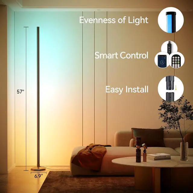 Alt view image 5 of 7 - RGB LED Floor Lamp, 57" Corner Lamp with 80+ Scene & Timer, Smart Modern Ambient Lighting with Music Sync & 16 Million Colors, Remote & App Floor Lamps for Living Room, Gaming Room, Bedrooms