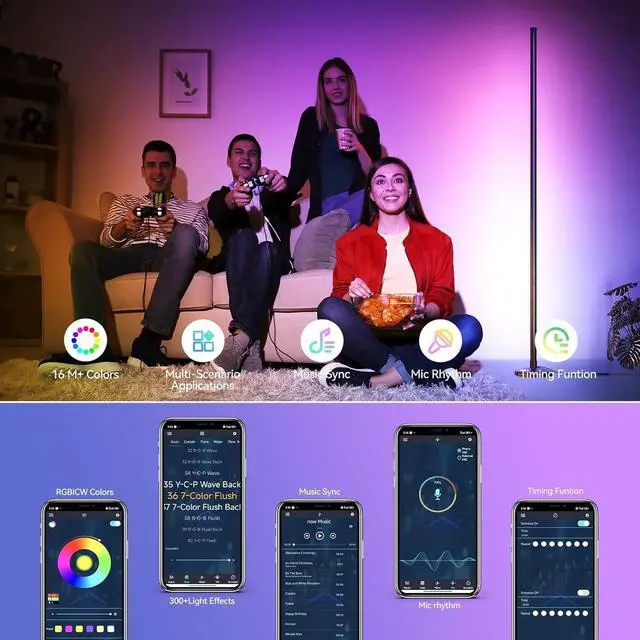 Alt view image 4 of 7 - RGB LED Floor Lamp, 57" Corner Lamp with 80+ Scene & Timer, Smart Modern Ambient Lighting with Music Sync & 16 Million Colors, Remote & App Floor Lamps for Living Room, Gaming Room, Bedrooms