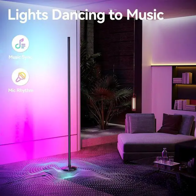 Alt view image 6 of 7 - RGB LED Floor Lamp, 57" Corner Lamp with 80+ Scene & Timer, Smart Modern Ambient Lighting with Music Sync & 16 Million Colors, Remote & App Floor Lamps for Living Room, Gaming Room, Bedrooms