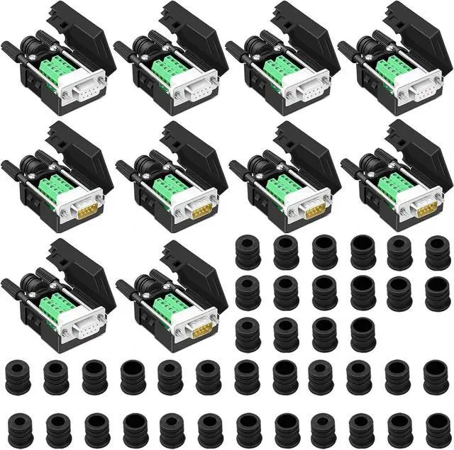 Main image of 10PCS DB9 Breakout Connector, 5PCS Male + 5PCS Female DB9 Solderless RS232 D-SUB Serial to 9-pin Port Terminal Adapter Connector Breakout Board with Case Long Bolts Tail Pipe