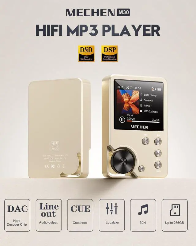 Alt view image 2 of 7 - M30 HiFi MP3 Player, Lossless DSD High Resolution Digital Audio Music Player, High-Res Portable Audio Player with 64GB Memory Card (Gold)