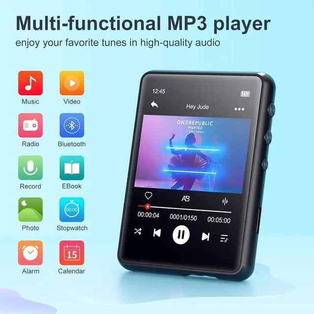 Alt view image 2 of 7 - 64GB MP3 Player Bluetooth 5.3 with 2.4" Full Touch Screen,Portable Digital Music Player with Speaker,FM Radio, Line Recording, HiFi Lossless Sound, Support up to 128GB. (Black)