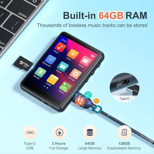 Alt view image 5 of 7 - 64GB MP3 Player Bluetooth 5.3 with 2.4" Full Touch Screen,Portable Digital Music Player with Speaker,FM Radio, Line Recording, HiFi Lossless Sound, Support up to 128GB. (Black)