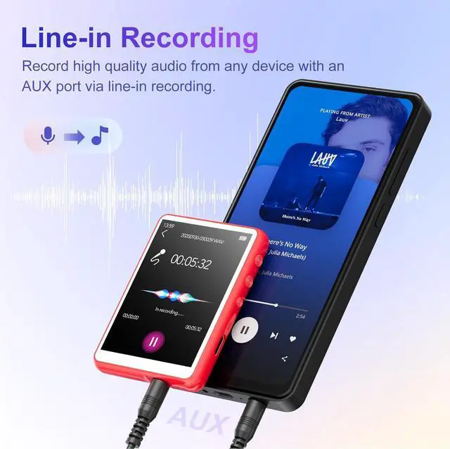 Alt view image 6 of 7 - 64GB MP3 Player Bluetooth 5.3 with 2.4" Full Touch Screen,Portable Digital Music Player with Speaker,FM Radio, Line Recording, HiFi Lossless Sound, Support up to 128GB. (Red)