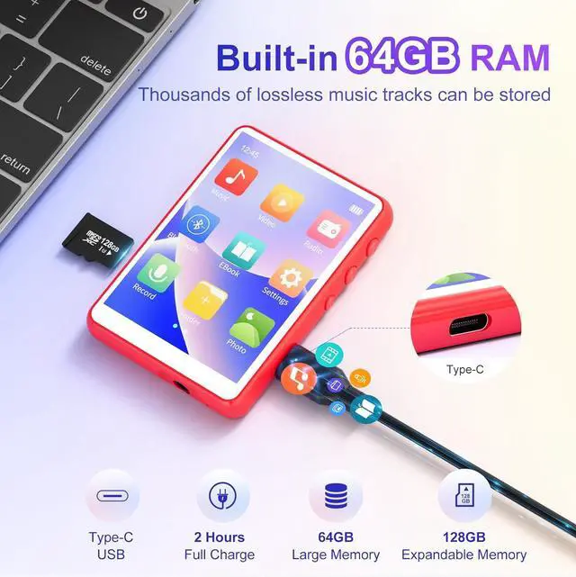 Alt view image 5 of 7 - 64GB MP3 Player Bluetooth 5.3 with 2.4" Full Touch Screen,Portable Digital Music Player with Speaker,FM Radio, Line Recording, HiFi Lossless Sound, Support up to 128GB. (Red)