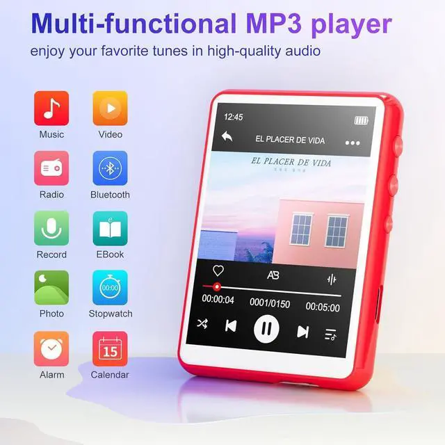 Alt view image 2 of 7 - 64GB MP3 Player Bluetooth 5.3 with 2.4" Full Touch Screen,Portable Digital Music Player with Speaker,FM Radio, Line Recording, HiFi Lossless Sound, Support up to 128GB. (Red)