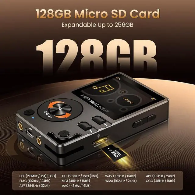 Alt view image 5 of 7 - H2-128GB MP3 Player Bluetooth 5.2 Hi Res Music Player Flac Digital DSD Lossless Audio Player High Resolution Portable DAP Player, Two-Way Bluetooth, 128GB SD Card+Expandable Memory