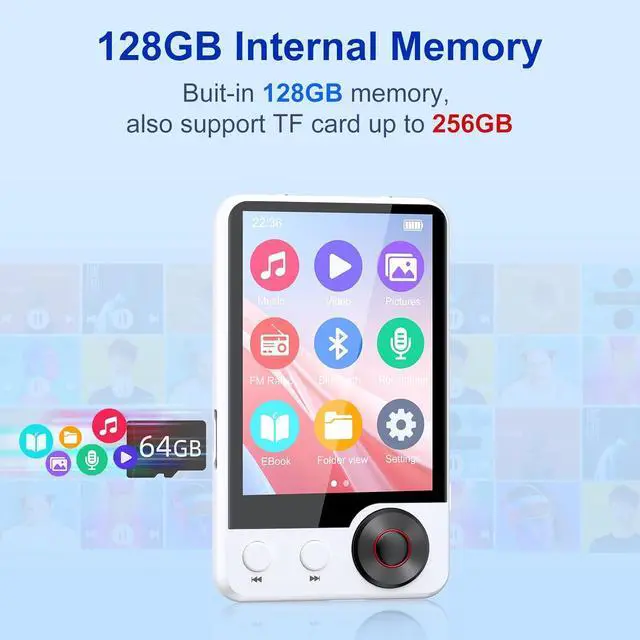 Alt view image 2 of 7 - 128GB MP3 Player with Upgrade Bluetooth 5.3, Portable High Fidelity Lossless Music Player, 2.4IN Full Touchscreen MP3 Player with Built-in HD Speaker, Dual Headphone Ports, FM Radio, Recording, E-Book