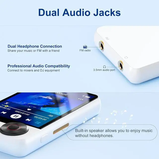 Alt view image 4 of 7 - 128GB MP3 Player with Upgrade Bluetooth 5.3, Portable High Fidelity Lossless Music Player, 2.4IN Full Touchscreen MP3 Player with Built-in HD Speaker, Dual Headphone Ports, FM Radio, Recording, E-Book