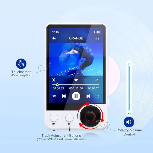 Alt view image 5 of 7 - 128GB MP3 Player with Upgrade Bluetooth 5.3, Portable High Fidelity Lossless Music Player, 2.4IN Full Touchscreen MP3 Player with Built-in HD Speaker, Dual Headphone Ports, FM Radio, Recording, E-Book