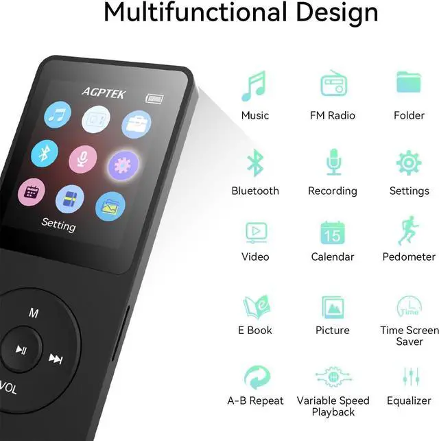 Alt view image 4 of 7 - A02 MP3 Player with Bluetooth 5.3, 1.8 inch Screen Portable Music Player with Speaker, FM Radio, Voice Recorder, Supports Expanded Up to 128GB(Black, 32GB)