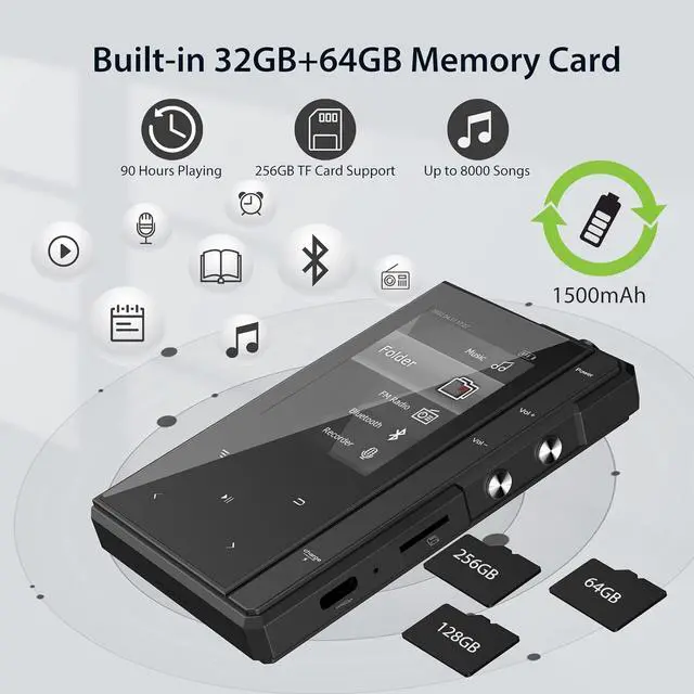Alt view image 5 of 7 - 96GB MP3 Player with Bluetooth 5.0, Z6 Digital Audio Player with Loud Speaker, 2.4'' IPS Super Battery Life Music Player with FM Radio, E-Book, Music Alarm Support up to 256GB