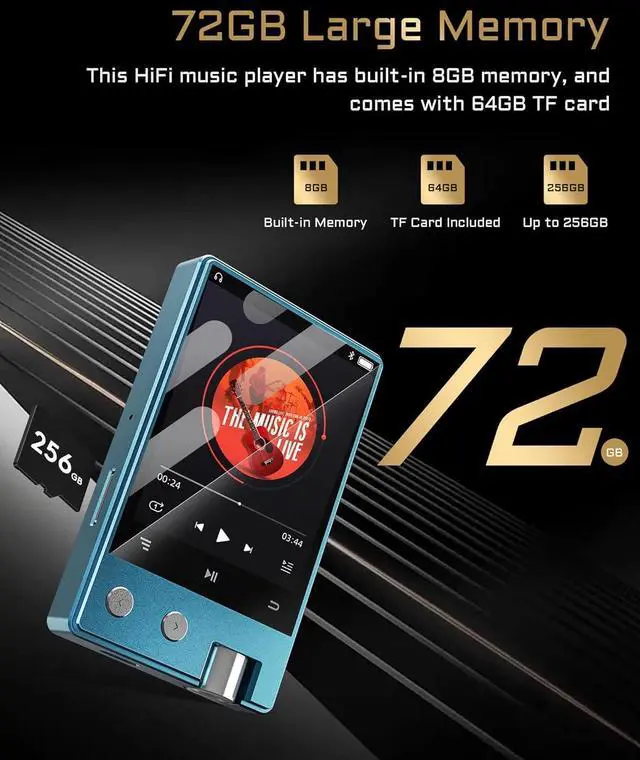 Alt view image 3 of 7 - MP3 Player with Bluetooth,HiFi Lossless DSD/FLAC Digital Audio Music Player Portable,Flac DSD256/128/64 Supported,Portable 2.4" IPS Screen,64GB Micro SD Card Included,Support Up to 256GB Z12Pro