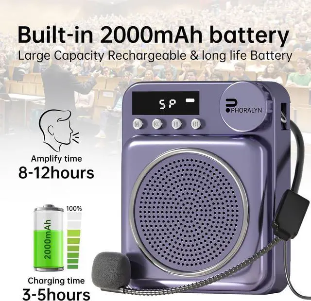 Alt view image 2 of 7 - Wireless Voice Amplifier for Teachers, Original Voice Amplifier Wire Microphone with 2 Microphones, Portable Speaker Megaphone for Classroom, Training, Meeting, Instructors, Coaches, Games (Purple)