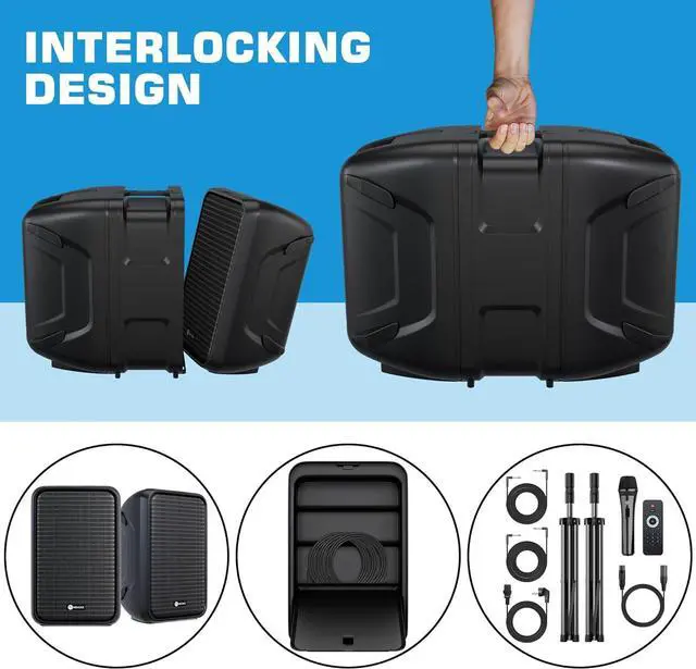 Alt view image 2 of 7 - Professional Portable All-in-One 2-Way PA System Suitcase-Style Design with 8-Channel Mixer and 2X Speaker Stands,Bluetooth, Microphone, Remote Control for Performances, Presentations