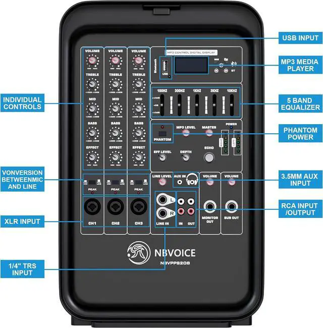 Alt view image 5 of 7 - Professional Portable All-in-One 2-Way PA System Suitcase-Style Design with 8-Channel Mixer and 2X Speaker Stands,Bluetooth, Microphone, Remote Control for Performances, Presentations