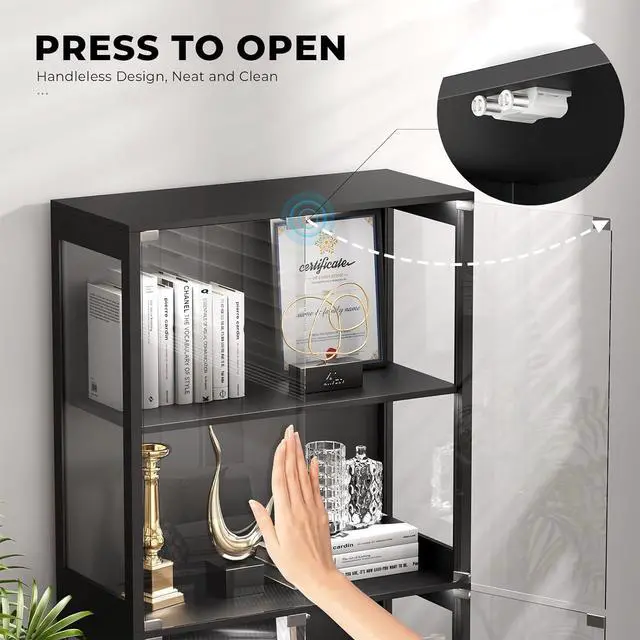 Alt view image 3 of 7 - Display Cabinet with Glass Doors, 4-Tier Curio Cabinet with 3 Color Lights for Collectibles, Glass Display Case with Human Body Sensor, Storage Cabinet, Black