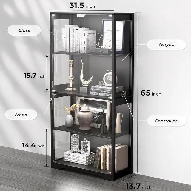 Alt view image 2 of 7 - Display Cabinet with Glass Doors, 4-Tier Curio Cabinet with 3 Color Lights for Collectibles, Glass Display Case with Human Body Sensor, Storage Cabinet, Black