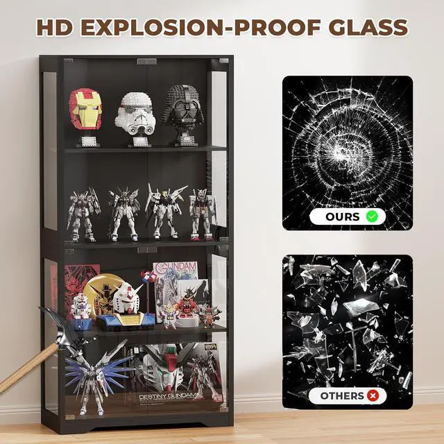Alt view image 6 of 7 - Display Cabinet with Glass Doors, 4-Tier Curio Cabinet with 3 Color Lights for Collectibles, Glass Display Case with Human Body Sensor, Storage Cabinet, Black