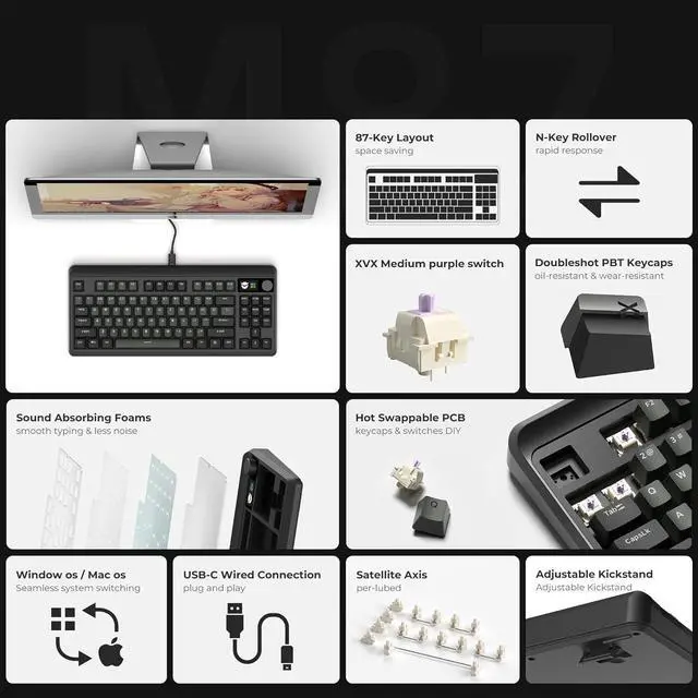 Alt view image 6 of 7 - XVX Wired 75% Retro Gaming Keyboard with 2 HUB Ports, M87 Pro Mechanical Keyboard with Customizable Switches, Compact Gamer RGB- Classic Black