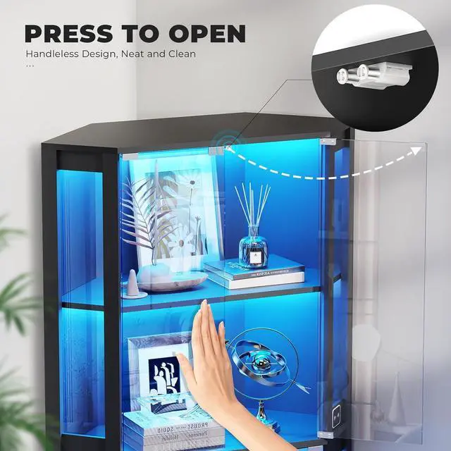 Alt view image 4 of 7 - Corner Display Cabinet with Glass Doors, 65" Lighted Curio Cabinet with 3 Color Lights for Collectibles, 4-Tier Display Case with Human Body Sensor for Toys, Books, Black