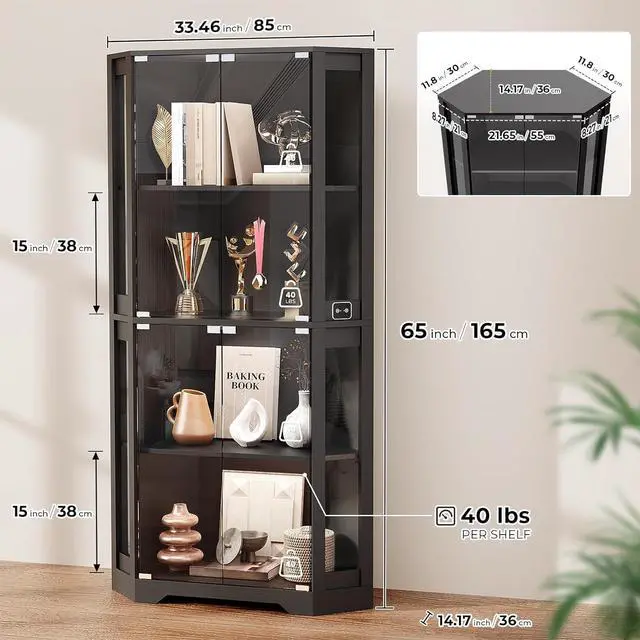 Alt view image 2 of 7 - Corner Display Cabinet with Glass Doors, 65" Lighted Curio Cabinet with 3 Color Lights for Collectibles, 4-Tier Display Case with Human Body Sensor for Toys, Books, Black
