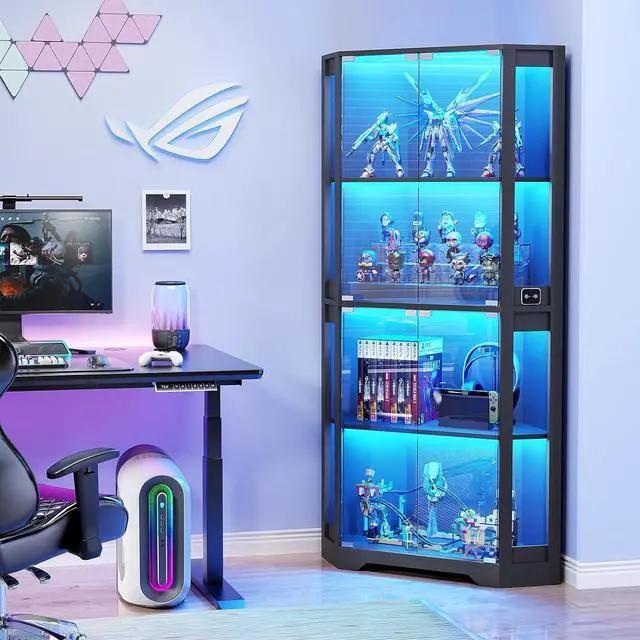 Alt view image 7 of 7 - Corner Display Cabinet with Glass Doors, 65" Lighted Curio Cabinet with 3 Color Lights for Collectibles, 4-Tier Display Case with Human Body Sensor for Toys, Books, Black