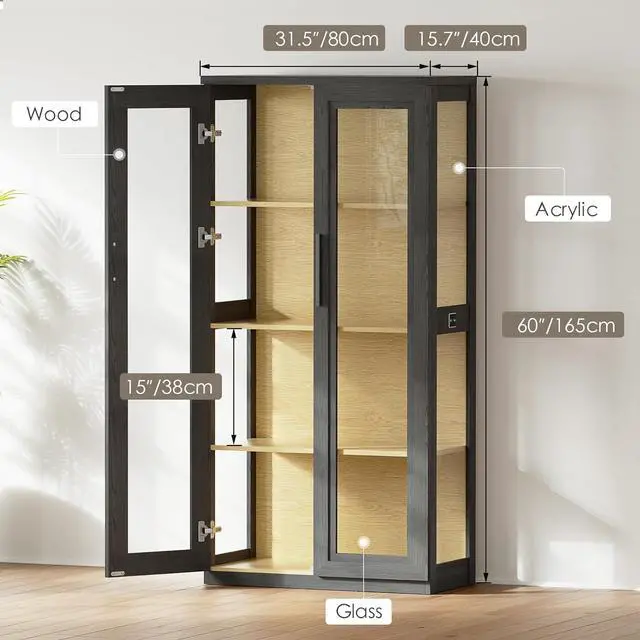Alt view image 2 of 5 - Display Cabinet with Glass Doors, Curio Cabinet with 4 Shelves for Collectibles, Bookcase with 3 Color LED Lights and Human Body Sensing, Buffer Hinge, Black