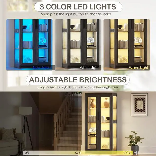Alt view image 3 of 5 - Display Cabinet with Glass Doors, Curio Cabinet with 4 Shelves for Collectibles, Bookcase with 3 Color LED Lights and Human Body Sensing, Buffer Hinge, Black