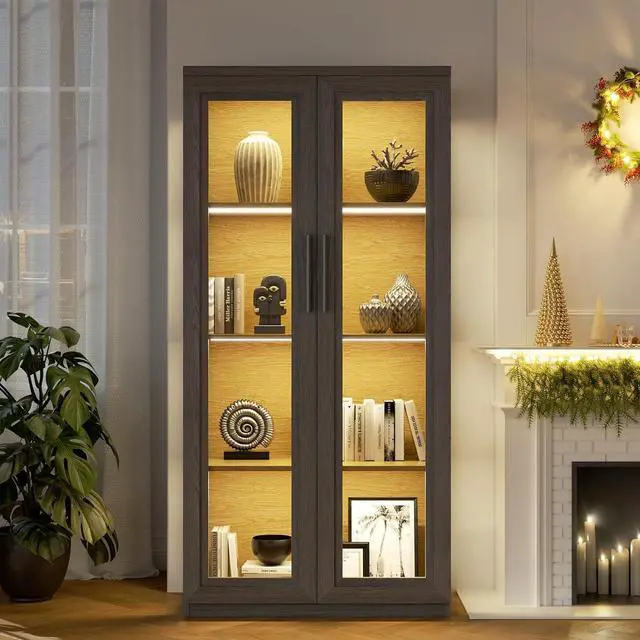 Alt view image 5 of 5 - Display Cabinet with Glass Doors, Curio Cabinet with 4 Shelves for Collectibles, Bookcase with 3 Color LED Lights and Human Body Sensing, Buffer Hinge, Black