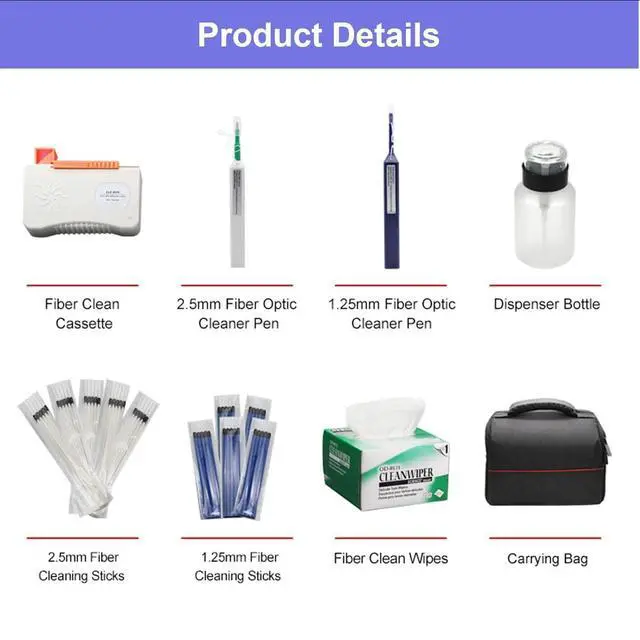 Alt view image 2 of 7 - Fiber Optic Cleaning Kit Fiber Optic FTTH Cleaner Tools with 1.25mm / 2.5mm Fiber Optic Cleaner Pens and Cleaning Sticks Wipes for Cleaning FC SC ST LC MU Connectors