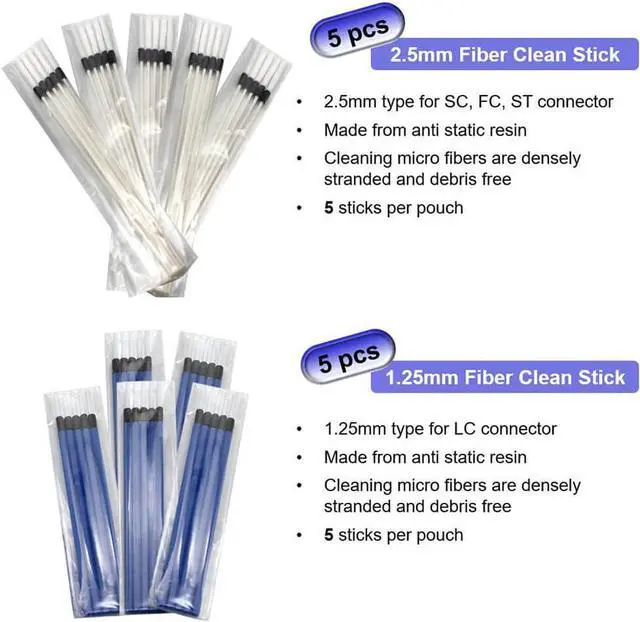 Alt view image 6 of 7 - Fiber Optic Cleaning Kit Fiber Optic FTTH Cleaner Tools with 1.25mm / 2.5mm Fiber Optic Cleaner Pens and Cleaning Sticks Wipes for Cleaning FC SC ST LC MU Connectors