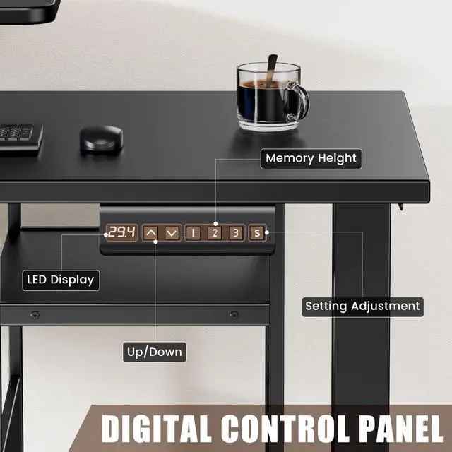 Alt view image 6 of 7 - L Shaped Standing Desk Adjustable Height, 67" x 47" Corner Computer Desk with Host Shelf, Gaming Desk with LED Lights & Power Outlet, Dual Motor Home Office Desk with Storage, Black