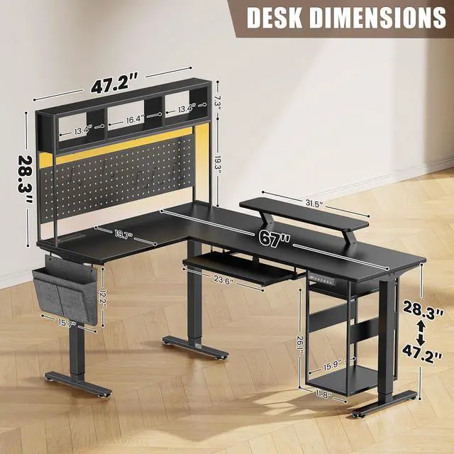 Alt view image 2 of 7 - L Shaped Standing Desk Adjustable Height, 67" x 47" Corner Computer Desk with Host Shelf, Gaming Desk with LED Lights & Power Outlet, Dual Motor Home Office Desk with Storage, Black