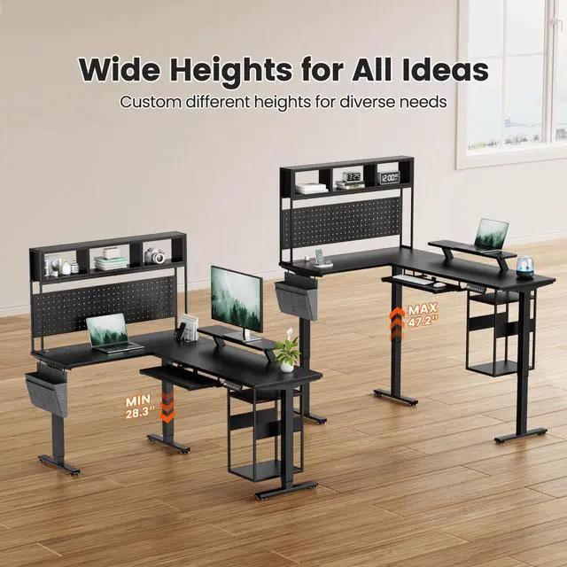 Alt view image 3 of 7 - L Shaped Standing Desk Adjustable Height, 67" x 47" Corner Computer Desk with Host Shelf, Gaming Desk with LED Lights & Power Outlet, Dual Motor Home Office Desk with Storage, Black