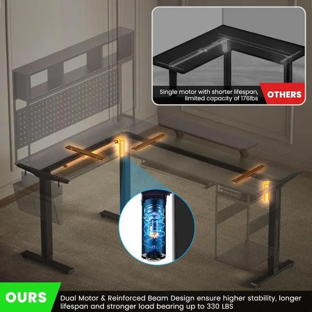 Alt view image 4 of 7 - L Shaped Standing Desk Adjustable Height, 67" x 47" Corner Computer Desk with Host Shelf, Gaming Desk with LED Lights & Power Outlet, Dual Motor Home Office Desk with Storage, Black
