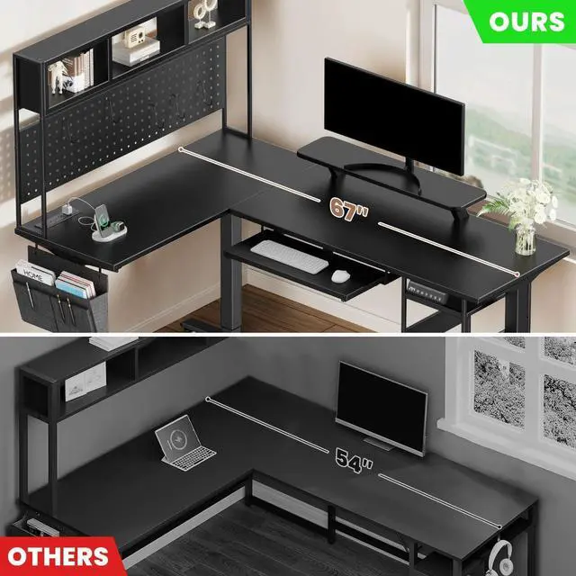 Alt view image 7 of 7 - L Shaped Standing Desk Adjustable Height, 67" x 47" Corner Computer Desk with Host Shelf, Gaming Desk with LED Lights & Power Outlet, Dual Motor Home Office Desk with Storage, Black